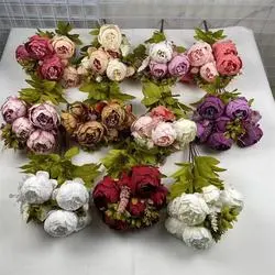 Artificial 13 Heads Silk Peony Flowers Bouquet for Home Wedding Decoration